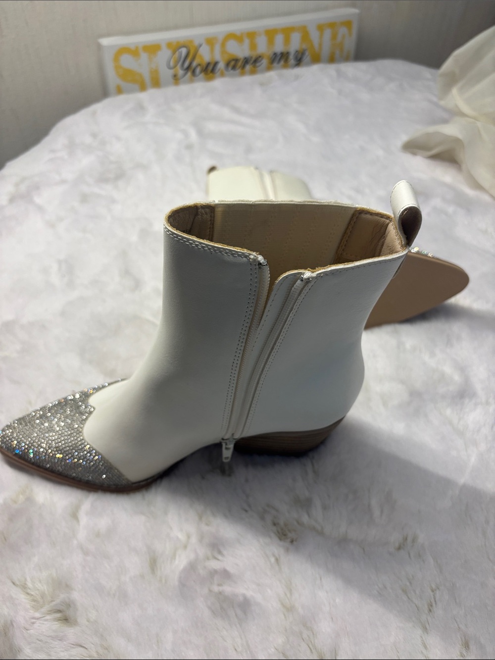 Cream Ankle Booties with Silver Crystal Toe - Picture 4 of 8